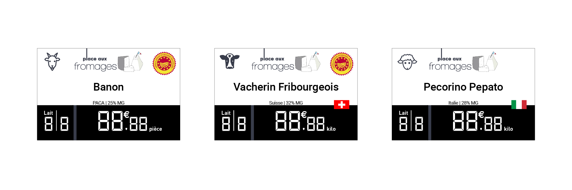 Visuels d'étiquettes vitrine personnalisées place aux fromages