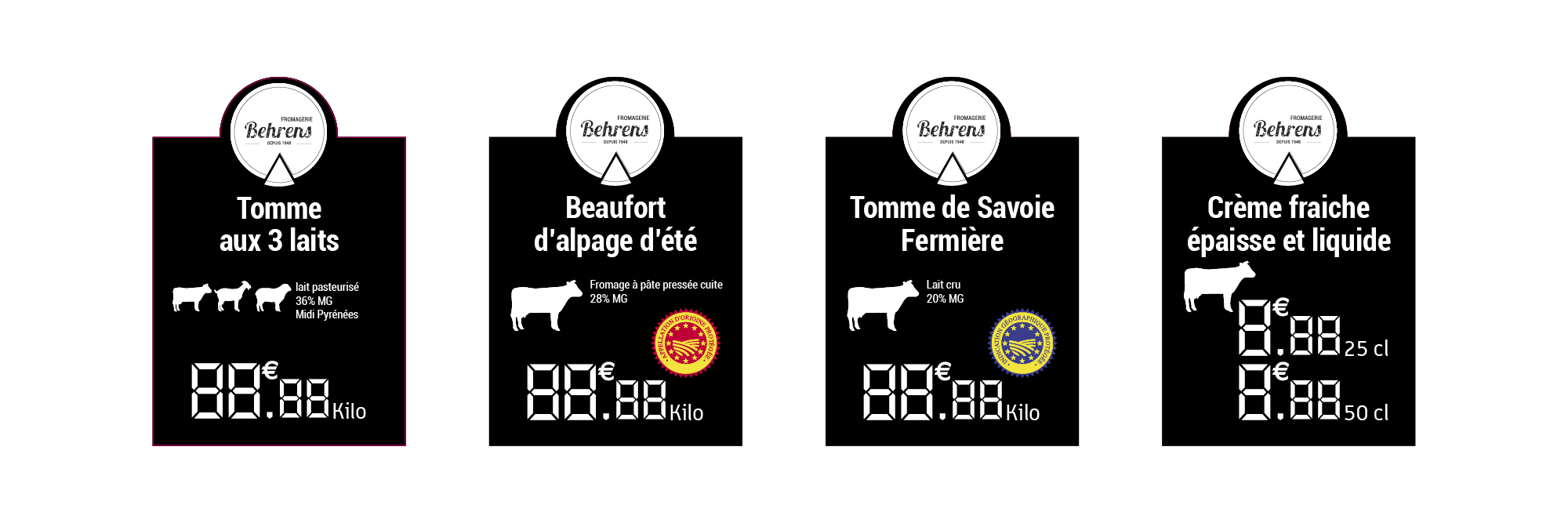 Visuels d'étiquettes vitrine personnalisées fromagerie behrens