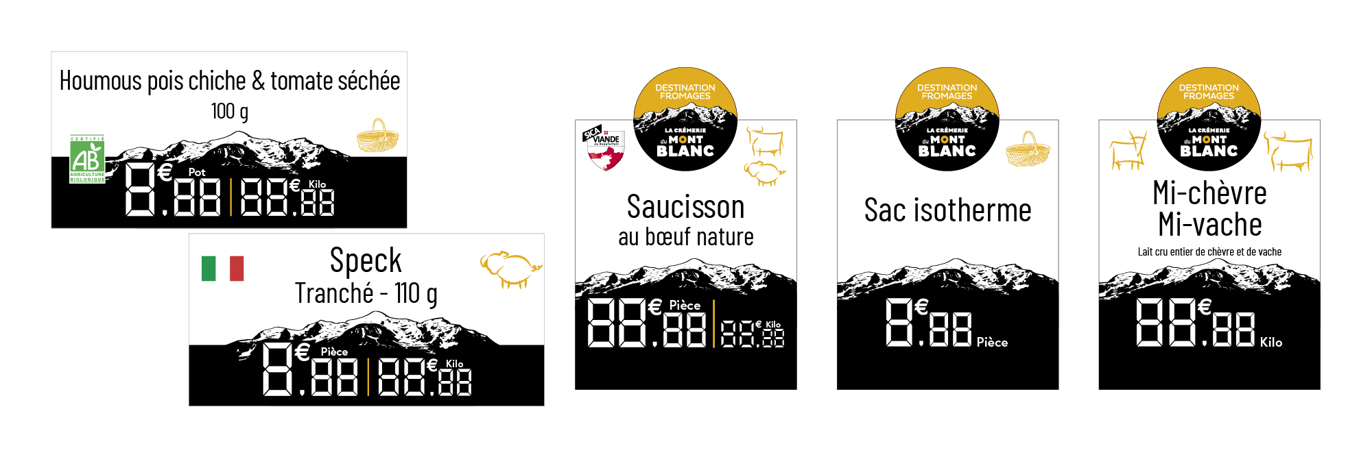 Visuels d'étiquettes vitrine personnalisées la cremerie du mont blanc